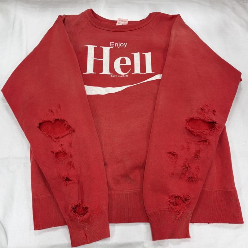 セントマイケル SAINT MICHAEL トレーナー 長袖 SAINT Mxxxxxx ENJOY HELL スウェット トレーナー ヴィンテージ ダメージ 加工 ロゴ プリント L ロゴ、文字 X プリント X ダメージ加工 赤 / レッド / red X 白 / ホワイト / white メンズ USED 古着 中古 50158691