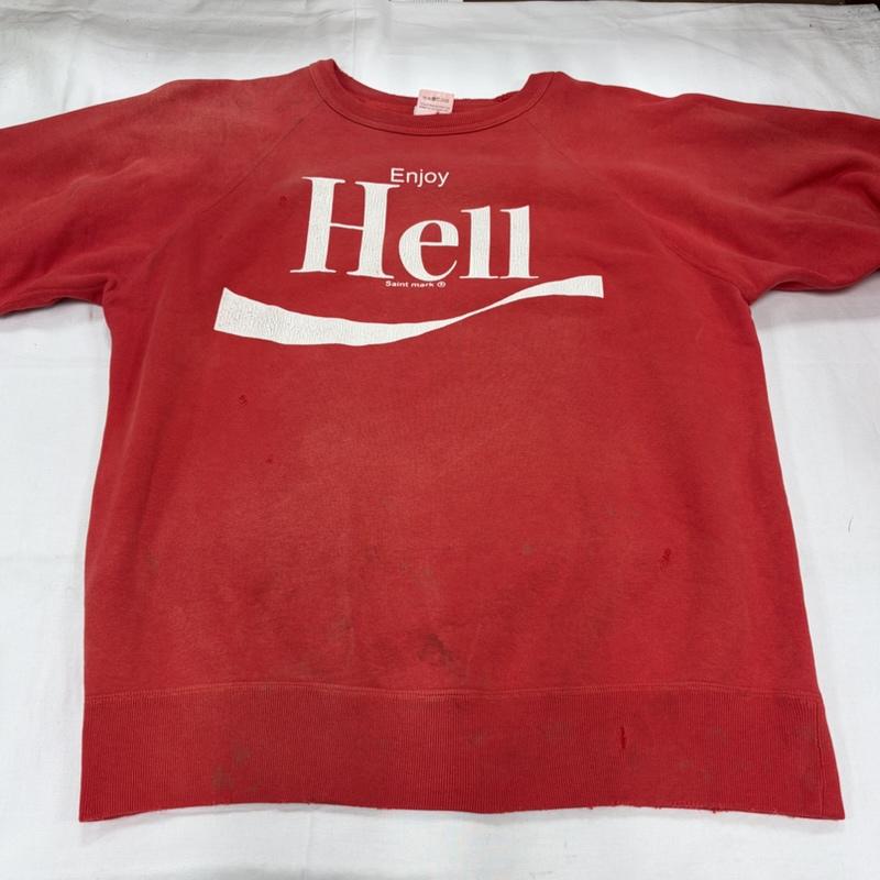 セントマイケル SAINT MICHAEL トレーナー 長袖 SAINT Mxxxxxx ENJOY HELL スウェット トレーナー ヴィンテージ ダメージ 加工 ロゴ プリント L ロゴ、文字 X プリント X ダメージ加工 赤 / レッド / red X 白 / ホワイト / white メンズ USED 古着 中古 50158691