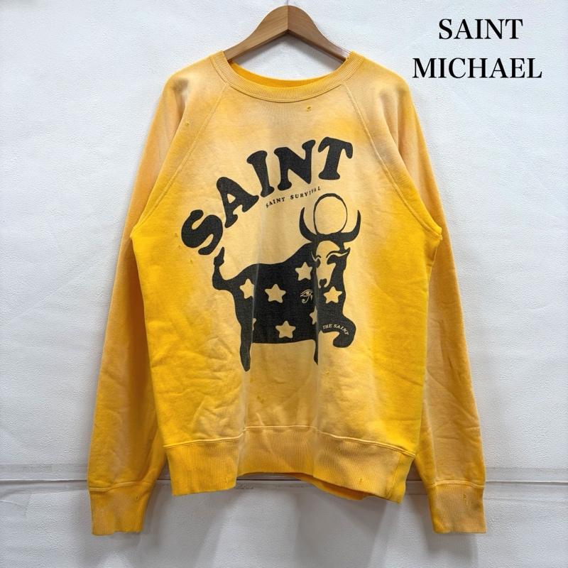 セントマイケル SAINT MICHAEL トレーナー 長袖 SAINT Mxxxxxx COW スウェット トレーナー プリント ダメージ ヴィンテージ加工 牛 カウ L ロゴ、文字 X プリント X ダメージ加工 黄 / イエロー / yellow X 黒 / ブラック / black メンズ USED 古着 中古 50158694
