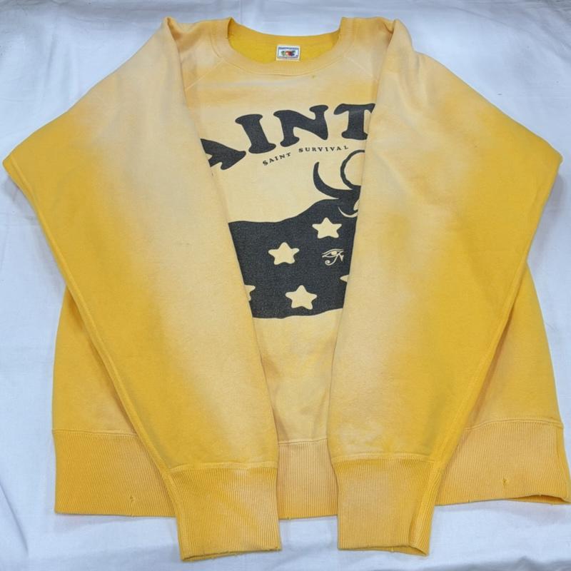 セントマイケル SAINT MICHAEL トレーナー 長袖 SAINT Mxxxxxx COW スウェット トレーナー プリント ダメージ ヴィンテージ加工 牛 カウ L ロゴ、文字 X プリント X ダメージ加工 黄 / イエロー / yellow X 黒 / ブラック / black メンズ USED 古着 中古 50158694