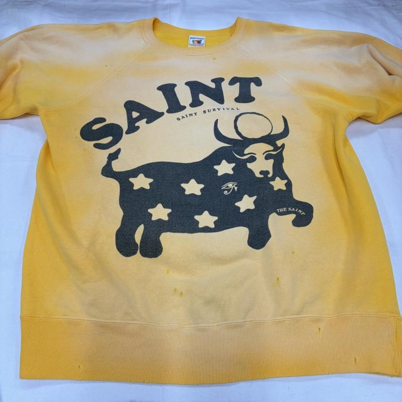 セントマイケル SAINT MICHAEL トレーナー 長袖 SAINT Mxxxxxx COW スウェット トレーナー プリント ダメージ ヴィンテージ加工 牛 カウ L ロゴ、文字 X プリント X ダメージ加工 黄 / イエロー / yellow X 黒 / ブラック / black メンズ USED 古着 中古 50158694