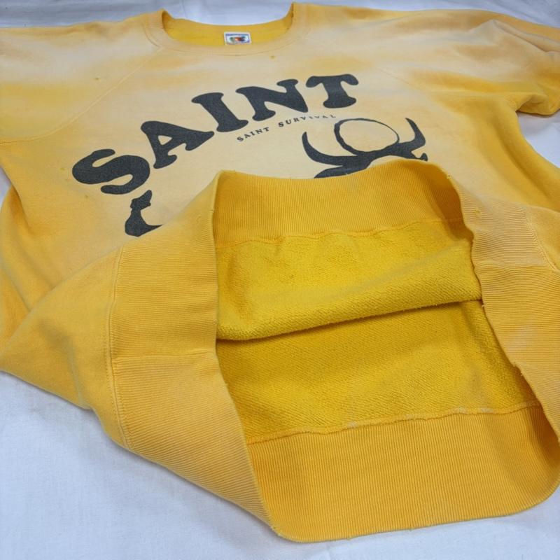 セントマイケル SAINT MICHAEL トレーナー 長袖 SAINT Mxxxxxx COW スウェット トレーナー プリント ダメージ ヴィンテージ加工 牛 カウ L ロゴ、文字 X プリント X ダメージ加工 黄 / イエロー / yellow X 黒 / ブラック / black メンズ USED 古着 中古 50158694