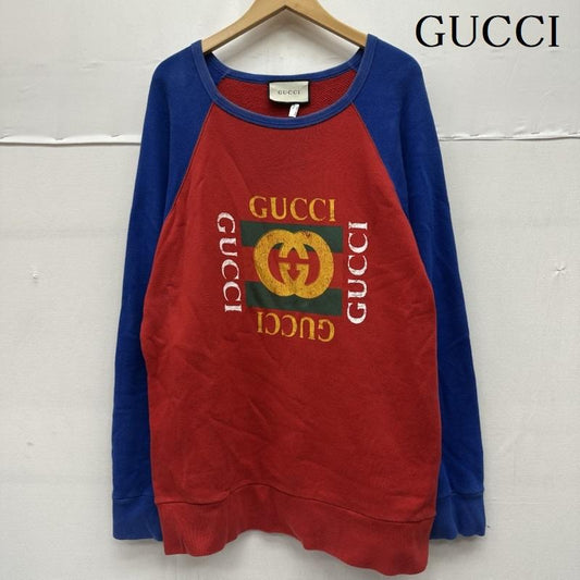 グッチ GUCCI トレーナー 長袖 GG ロゴ プリント ラグラン スウェット L 青 / ブルー / blue X 赤 / レッド / red メンズ USED 古着 中古 50158834