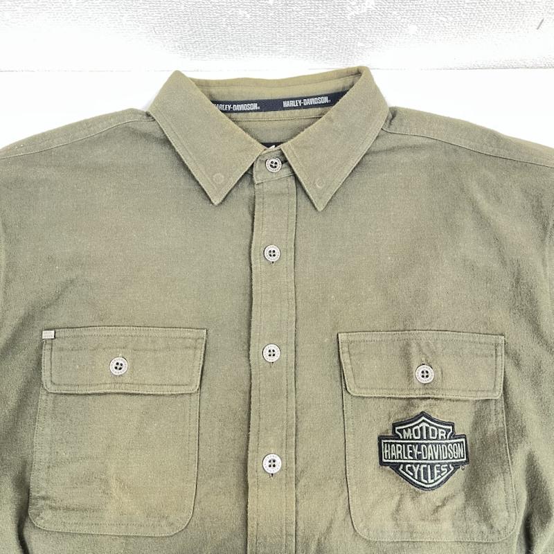 ハーレーダビッドソン Harley-Davidson シャツ、ブラウス 長袖 長袖シャツ 刺繍 ロゴ バッグ プリント 巨大 グラフィック XL カーキオリーブ / カーキオリーブ / メンズ USED 古着 中古 50159042