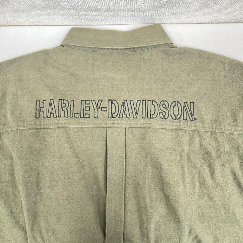 ハーレーダビッドソン Harley-Davidson シャツ、ブラウス 長袖 長袖シャツ 刺繍 ロゴ バッグ プリント 巨大 グラフィック XL カーキオリーブ / カーキオリーブ / メンズ USED 古着 中古 50159042
