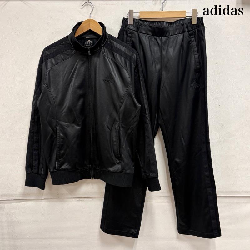 アディダス adidas トップス トップス トラックジャケット ジャージ セットアップ ロゴ 刺繍 光沢 フルジップ レザーライク サイドライン ラメ S ロゴ、文字 X 刺繍 黒 / ブラック / black メンズ USED 古着 中古 50159061
