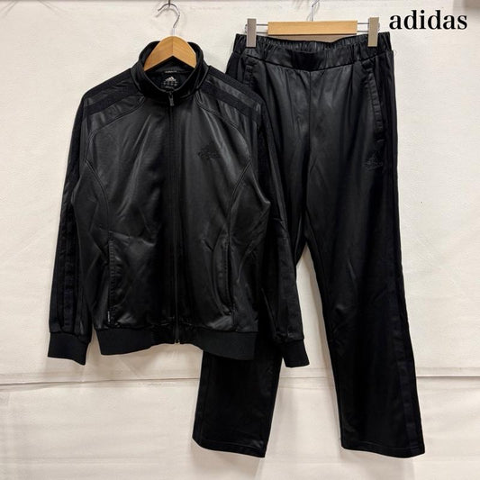 アディダス adidas トップス トップス トラックジャケット ジャージ セットアップ ロゴ 刺繍 光沢 フルジップ レザーライク サイドライン ラメ S ロゴ、文字 X 刺繍 黒 / ブラック / black メンズ USED 古着 中古 50159061