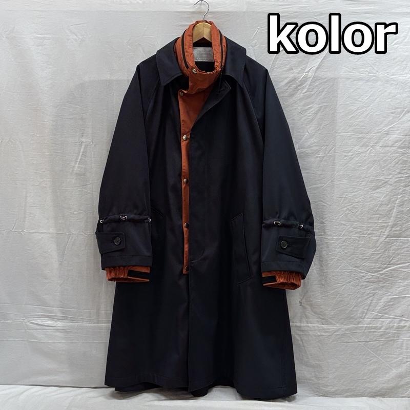 カラー kolor コート コート一般 26SCM-C02102 ポリウール ナイロン ドッキング ステンカラー コート 3 紺 / ネイビー / navy X 橙 / オレンジ / orange メンズ USED 古着 中古 50159091