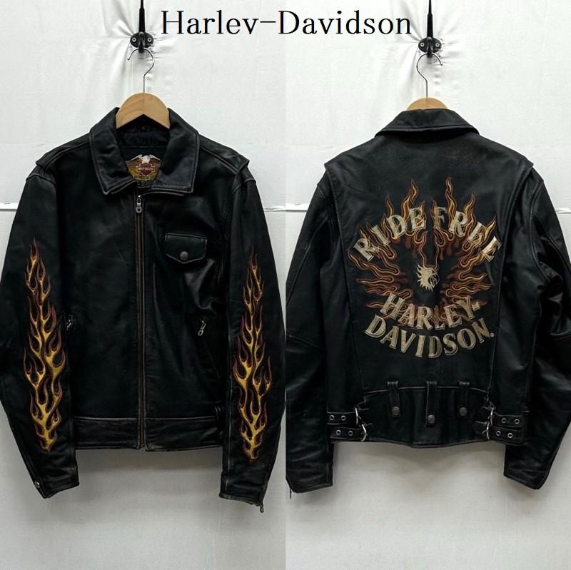 ハーレーダビッドソン Harley-Davidson ジャケット、上着 ライダース ファイヤーパターン 刺繍 シングル ライダース レザー ジャケット S 黒 / ブラック / black メンズ USED 古着 中古 50159104