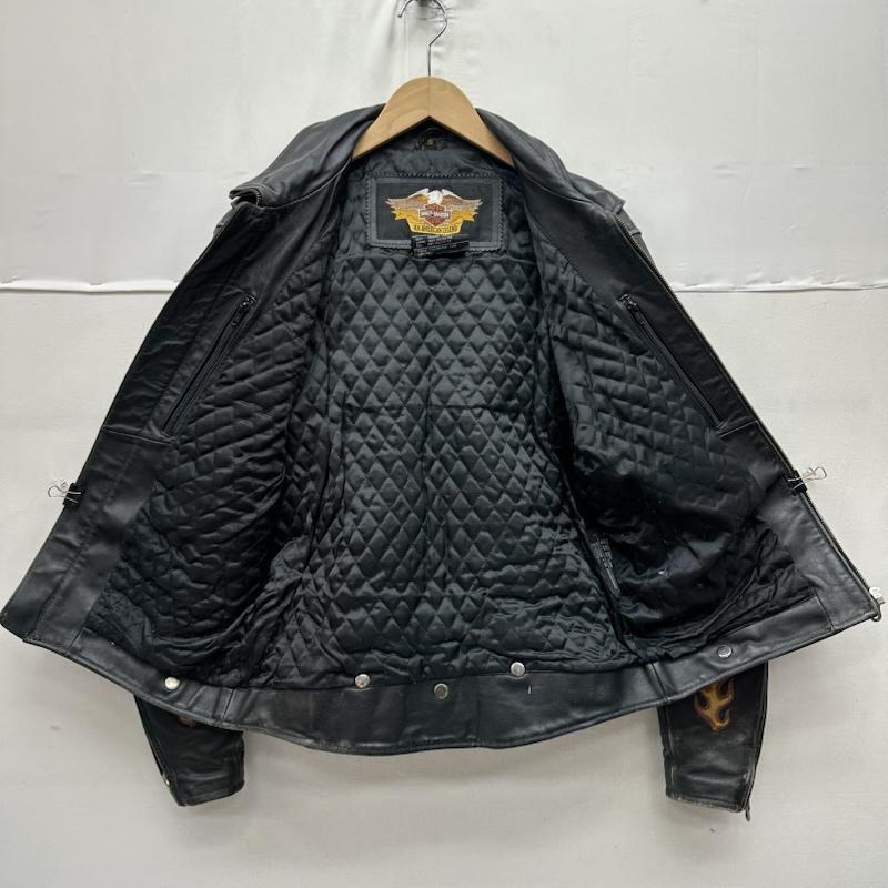 ハーレーダビッドソン Harley-Davidson ジャケット、上着 ライダース ファイヤーパターン 刺繍 シングル ライダース レザー ジャケット S 黒 / ブラック / black メンズ USED 古着 中古 50159104