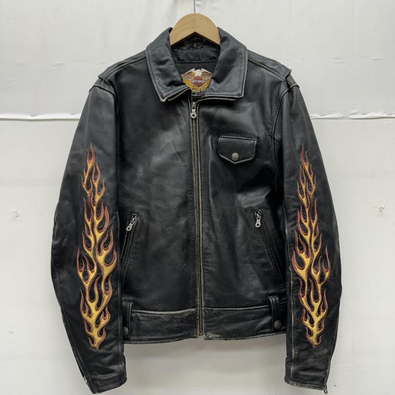 ハーレーダビッドソン Harley-Davidson ジャケット、上着 ライダース ファイヤーパターン 刺繍 シングル ライダース レザー ジャケット S 黒 / ブラック / black メンズ USED 古着 中古 50159104