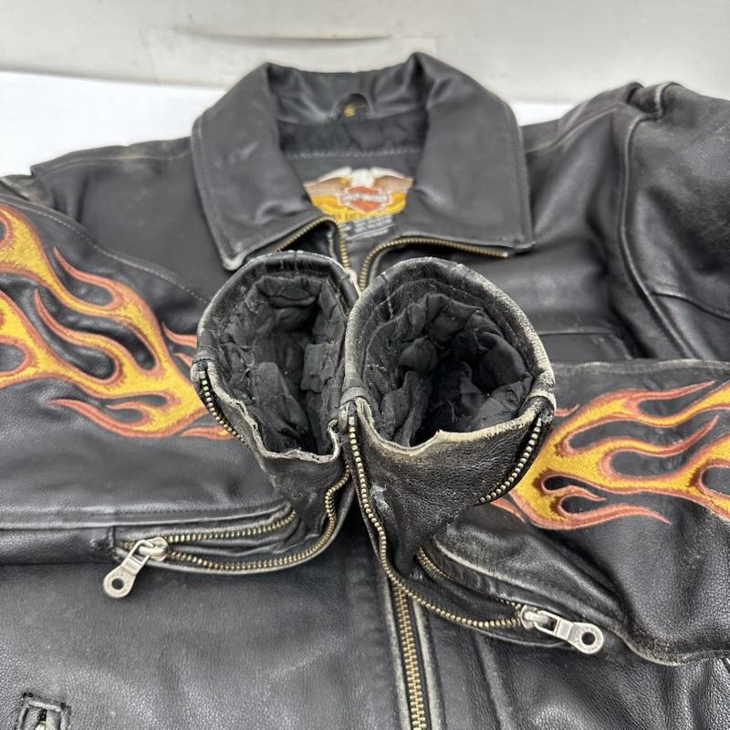 ハーレーダビッドソン Harley-Davidson ジャケット、上着 ライダース ファイヤーパターン 刺繍 シングル ライダース レザー ジャケット S 黒 / ブラック / black メンズ USED 古着 中古 50159104