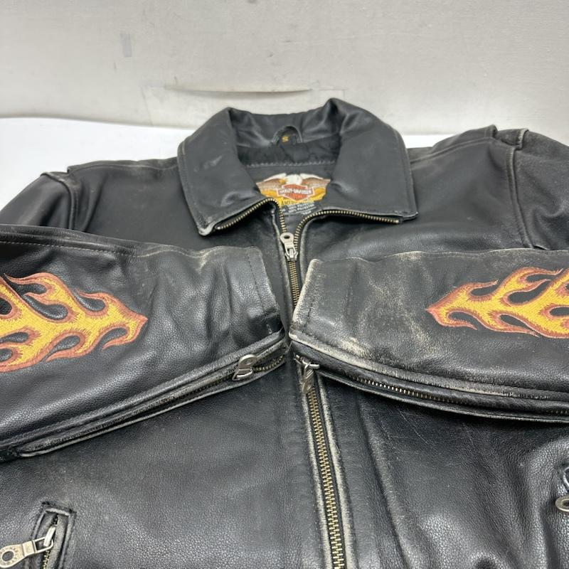 ハーレーダビッドソン Harley-Davidson ジャケット、上着 ライダース ファイヤーパターン 刺繍 シングル ライダース レザー ジャケット S 黒 / ブラック / black メンズ USED 古着 中古 50159104