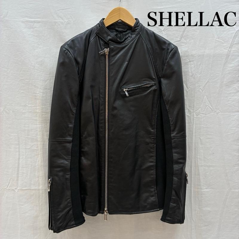 シェラック SHELLAC ジャケット、上着 レザージャケット シングル ライダース ゴート レザー ジャケット ダブルジップ リブ 切替 裏地 パイソン ジャガード SSO-403 L メンズ USED 古着 中古 50159232
