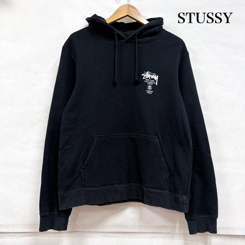 ステューシー STUSSY パーカー 長袖 ワールドツアー スウェット フーディー ロゴ プリント パーカー USA製 S ロゴ、文字 X プリント 黒 / ブラック / black X 白 / ホワイト / white メンズ USED 古着 中古 50159275