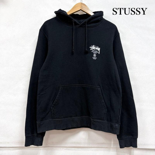 ステューシー STUSSY パーカー 長袖 ワールドツアー スウェット フーディー ロゴ プリント パーカー USA製 S ロゴ、文字 X プリント 黒 / ブラック / black X 白 / ホワイト / white メンズ USED 古着 中古 50159275