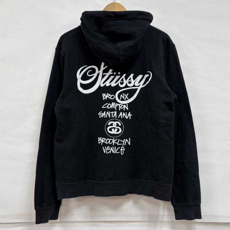 ステューシー STUSSY パーカー 長袖 ワールドツアー スウェット フーディー ロゴ プリント パーカー USA製 S ロゴ、文字 X プリント 黒 / ブラック / black X 白 / ホワイト / white メンズ USED 古着 中古 50159275