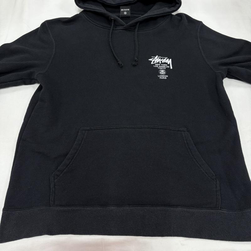 ステューシー STUSSY パーカー 長袖 ワールドツアー スウェット フーディー ロゴ プリント パーカー USA製 S ロゴ、文字 X プリント 黒 / ブラック / black X 白 / ホワイト / white メンズ USED 古着 中古 50159275