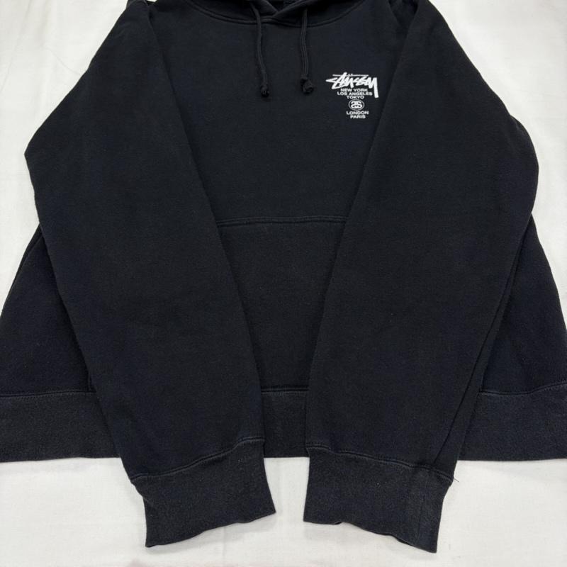 ステューシー STUSSY パーカー 長袖 ワールドツアー スウェット フーディー ロゴ プリント パーカー USA製 S ロゴ、文字 X プリント 黒 / ブラック / black X 白 / ホワイト / white メンズ USED 古着 中古 50159275