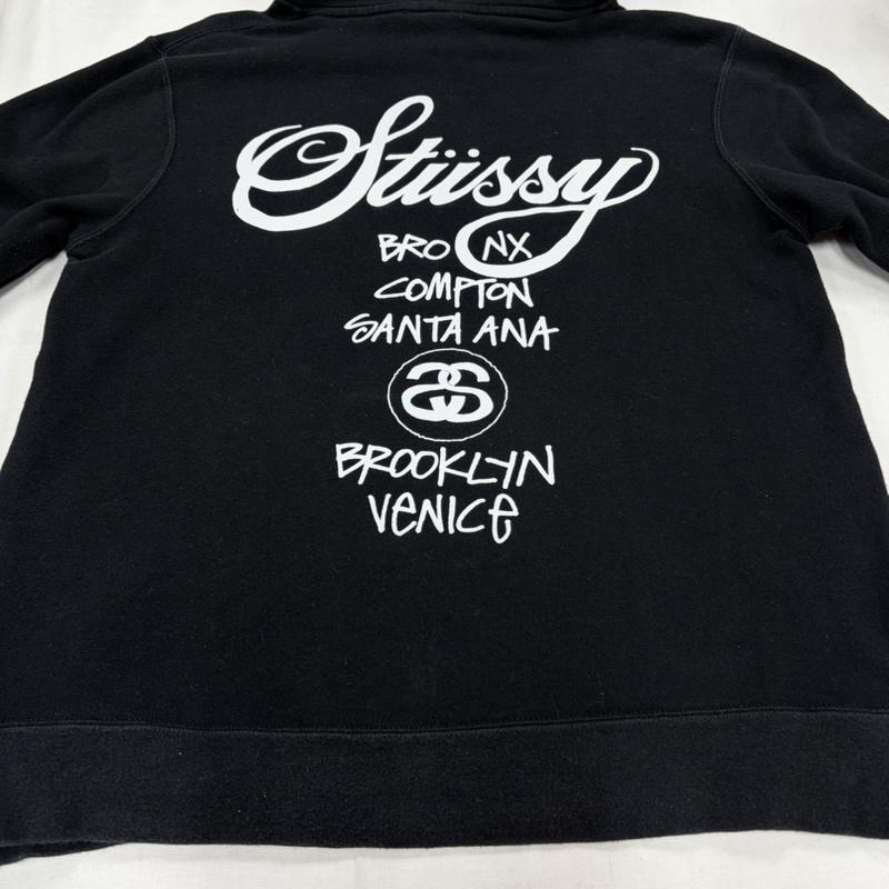 ステューシー STUSSY パーカー 長袖 ワールドツアー スウェット フーディー ロゴ プリント パーカー USA製 S ロゴ、文字 X プリント 黒 / ブラック / black X 白 / ホワイト / white メンズ USED 古着 中古 50159275