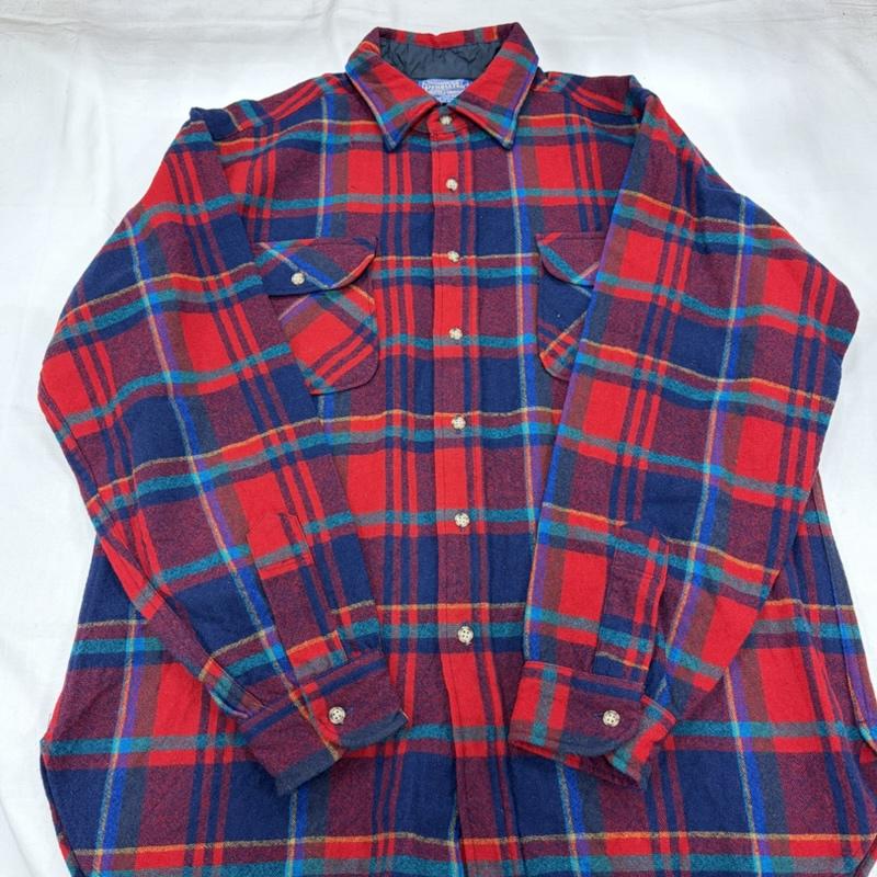 ペンドルトン PENDLETON シャツ、ブラウス 長袖 70s ウール チェック シャツ USA製 ヴィンテージ L チェック 赤 / レッド / red X 紺 / ネイビー / navy メンズ USED 古着 中古 50159298