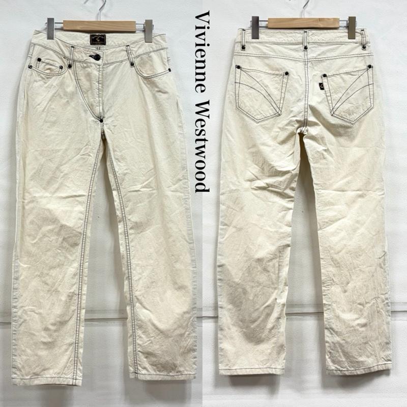ヴィヴィアンウエストウッド Vivienne Westwood パンツ ワークパンツ、ペインターパンツ ANGLOMANIA アングロマニア 生成り色 ステッチ ストレート パンツ ボタンフライ 28インチ 無地 ナチュラル / ナチュラル / X 黒 / ブラック / black レディース USED 古着 中古 50159337