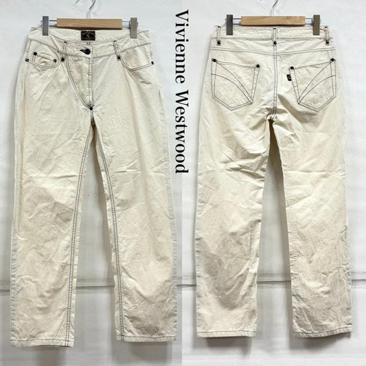 ヴィヴィアンウエストウッド Vivienne Westwood パンツ ワークパンツ、ペインターパンツ ANGLOMANIA アングロマニア 生成り色 ステッチ ストレート パンツ ボタンフライ 28インチ 無地 ナチュラル / ナチュラル / X 黒 / ブラック / black レディース USED 古着 中古 50159337