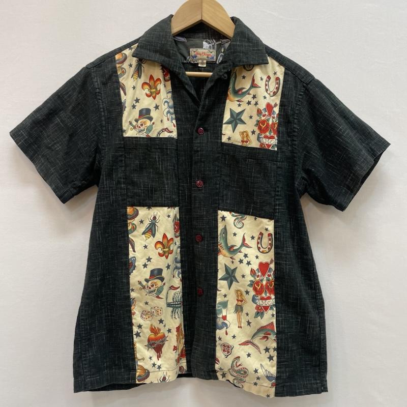 ドライボーンズ Dry Bones シャツ、ブラウス 半袖 タトゥーモチーフ イタリアンカラー シャツ 開襟 36 総柄 黒 / ブラック / black メンズ USED 古着 中古 50159348