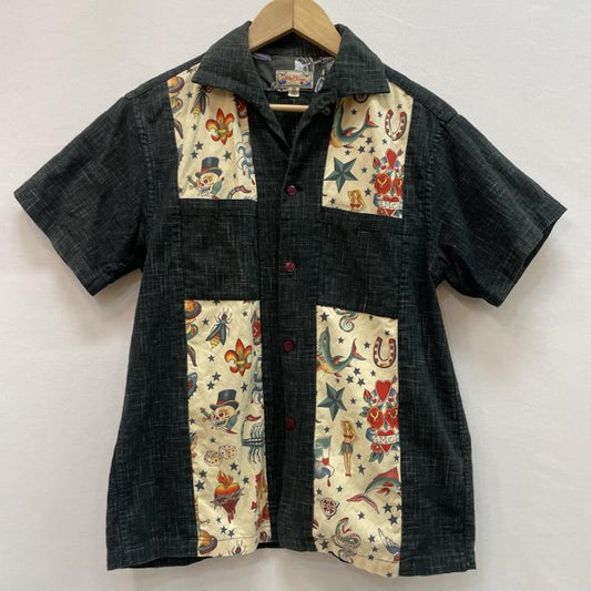 ドライボーンズ Dry Bones シャツ、ブラウス 半袖 タトゥーモチーフ イタリアンカラー シャツ 開襟 36 総柄 黒 / ブラック / black メンズ USED 古着 中古 50159348