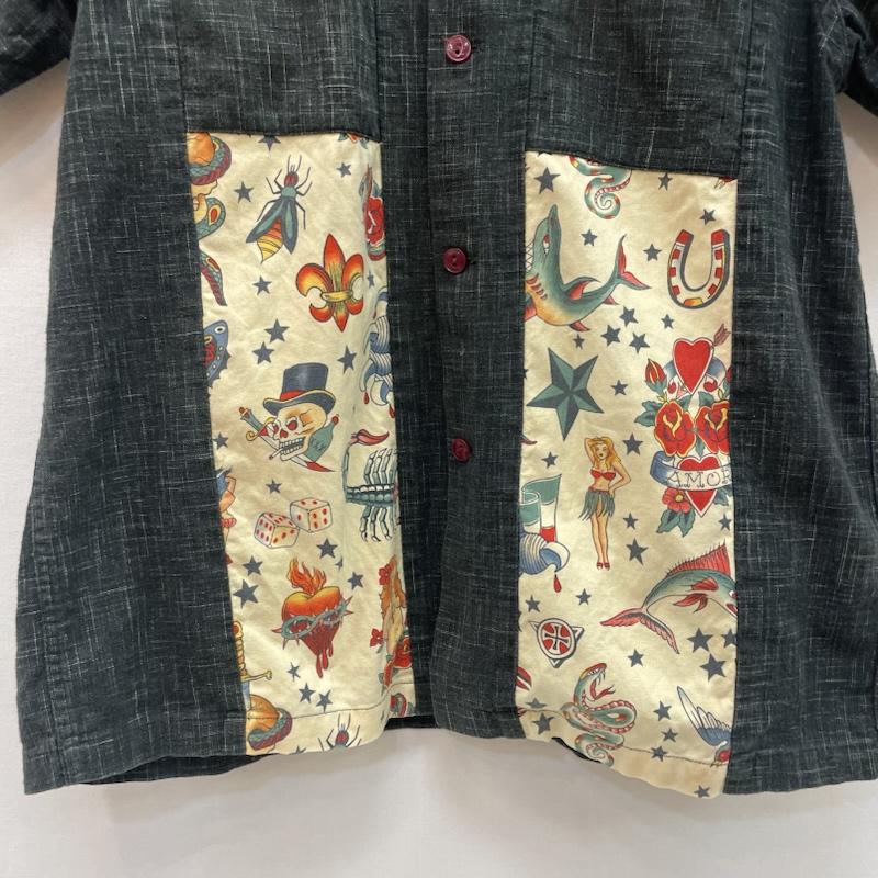 ドライボーンズ Dry Bones シャツ、ブラウス 半袖 タトゥーモチーフ イタリアンカラー シャツ 開襟 36 総柄 黒 / ブラック / black メンズ USED 古着 中古 50159348
