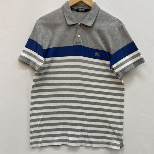 バーバリーブラックレーベル BURBERRY BLACK LABEL ポロシャツ 半袖 ロゴ 刺繍 ボーダー ポロシャツ 3 ボーダー柄 灰 / グレー / gray X 白 / ホワイト / white X 青 / ブルー / blue メンズ USED 古着 中古 50159351
