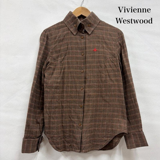 ヴィヴィアン ウエストウッド レッドレーベル Vivienne Westwood red label シャツ、ブラウス 長袖 オーブ 刺繍 長袖 チェック シャツ 3 チェック X ワンポイント X ロゴ、文字 X 刺繍 茶 / ブラウン / brown X 赤 / レッド / red レディース USED 古着 中古 50159361