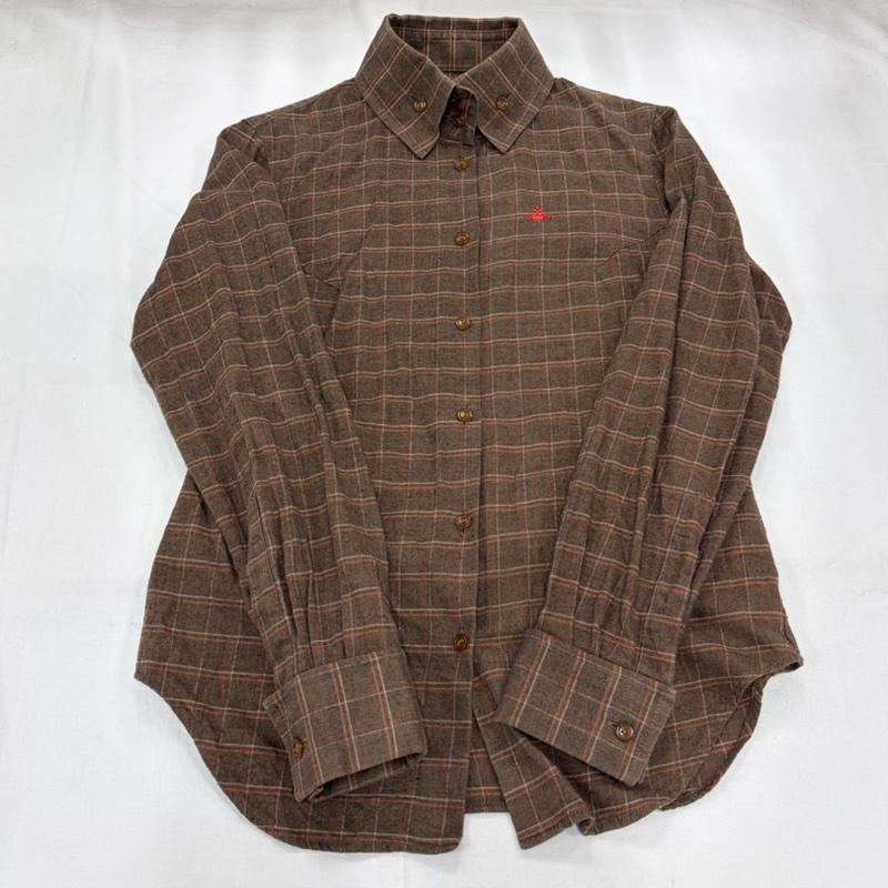 ヴィヴィアン ウエストウッド レッドレーベル Vivienne Westwood red label シャツ、ブラウス 長袖 オーブ 刺繍 長袖 チェック シャツ 3 チェック X ワンポイント X ロゴ、文字 X 刺繍 茶 / ブラウン / brown X 赤 / レッド / red レディース USED 古着 中古 50159361