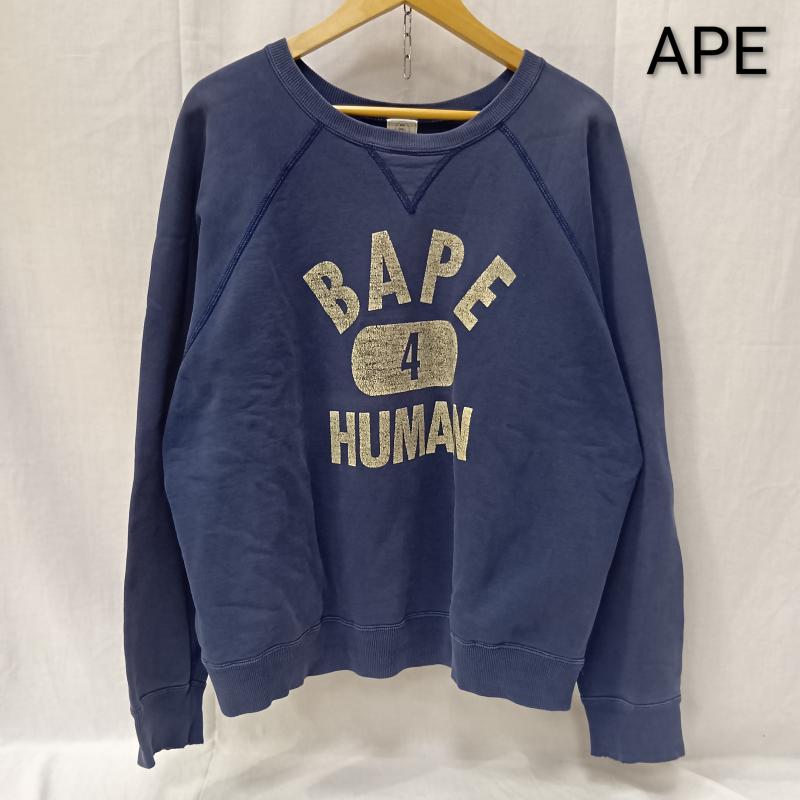 アベイシングエイプ A BATHING APE トレーナー 長袖 90s BAPE HUMAN カレッジロゴスウェット 前V ラグランスリーブ navy - ロゴ、文字 紺 / ネイビー / navy メンズ USED 古着 中古 50159522