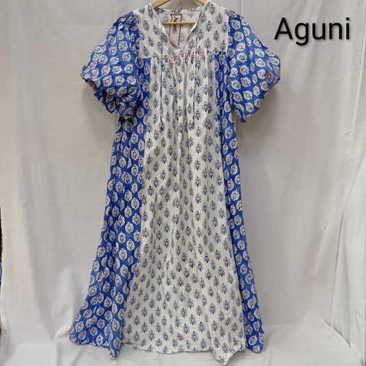古着 USED ワンピース ロングスカート aguni パネルプリント ランタンスリーブワンピース オリエンタル柄 パフスリーブ blue - 総柄 白 / ホワイト / white X 青 / ブルー / blue レディース USED 古着 中古 50159542