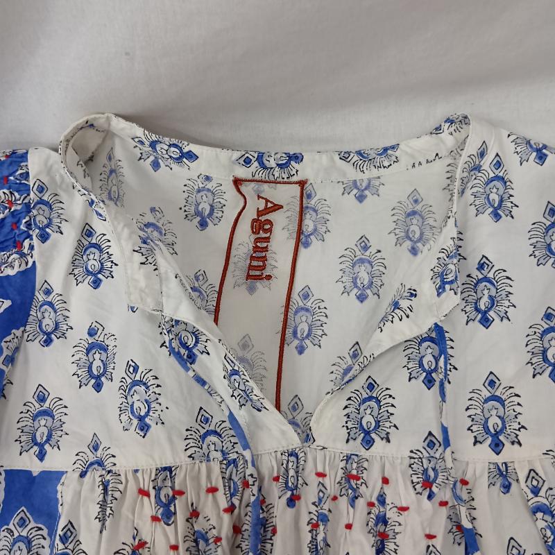 古着 USED ワンピース ロングスカート aguni パネルプリント ランタンスリーブワンピース オリエンタル柄 パフスリーブ blue - 総柄 白 / ホワイト / white X 青 / ブルー / blue レディース USED 古着 中古 50159542