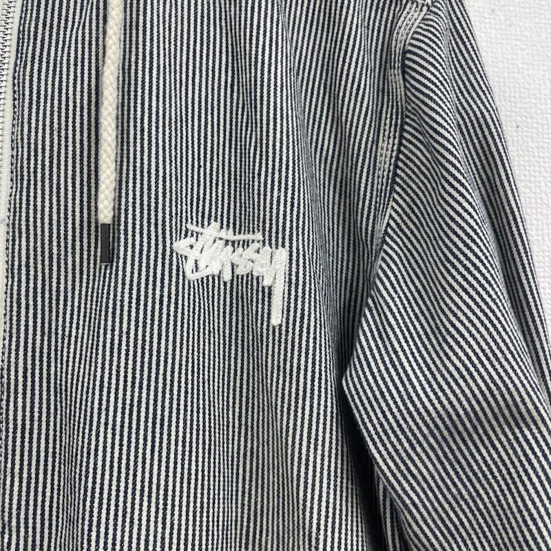 ステューシー STUSSY パーカー 長袖 ヒッコリー ストライプ柄 ロゴ刺繍 ジップアップ フーディ M 灰 / グレー / gray メンズ USED 古着 中古 50159587