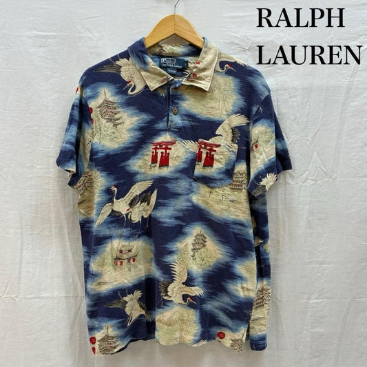 ポロバイラルフローレン Polo by RALPH LAUREN ポロシャツ 半袖 鶴 五重塔 鳥居 和柄 総柄 コットン ポロシャツ L メンズ USED 古着 中古 50159614