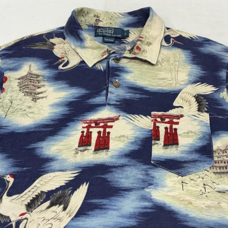 ポロバイラルフローレン Polo by RALPH LAUREN ポロシャツ 半袖 鶴 五重塔 鳥居 和柄 総柄 コットン ポロシャツ L メンズ USED 古着 中古 50159614