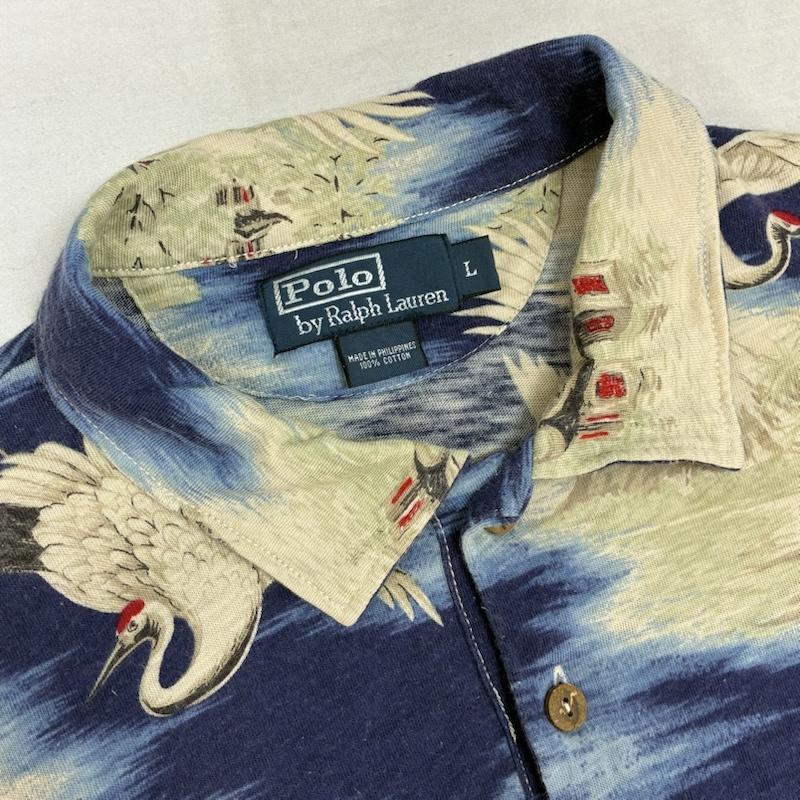 ポロバイラルフローレン Polo by RALPH LAUREN ポロシャツ 半袖 鶴 五重塔 鳥居 和柄 総柄 コットン ポロシャツ L メンズ USED 古着 中古 50159614