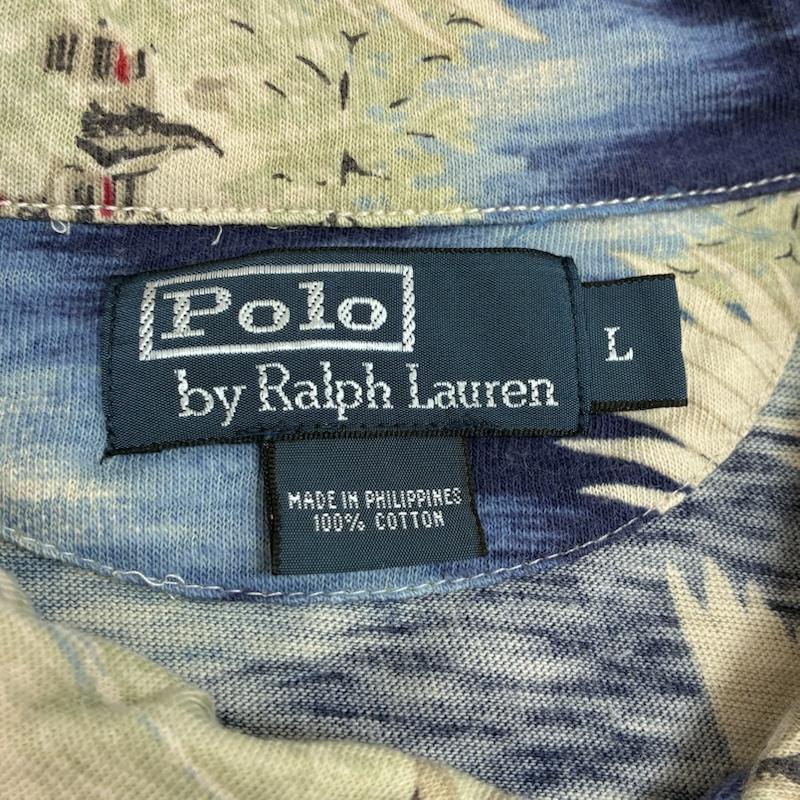 ポロバイラルフローレン Polo by RALPH LAUREN ポロシャツ 半袖 鶴 五重塔 鳥居 和柄 総柄 コットン ポロシャツ L メンズ USED 古着 中古 50159614