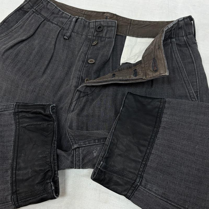 キャピタル KAPITAL ボトムス ボトムス ヘリンボーン 七分丈 パンツ 2タック 月桂樹ボタン 裾レザー XS メンズ USED 古着 中古 50159834