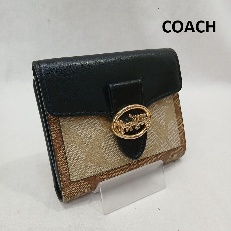 コーチ COACH 財布 二つ折り 馬車スナップ 二つ折り 財布 シネグチャー - 黒 / ブラック / black X ベージュ / ベージュ / beige レディース USED 古着 中古 50159943