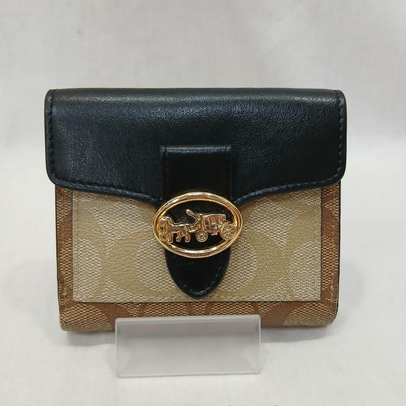 コーチ COACH 財布 二つ折り 馬車スナップ 二つ折り 財布 シネグチャー - 黒 / ブラック / black X ベージュ / ベージュ / beige レディース USED 古着 中古 50159943