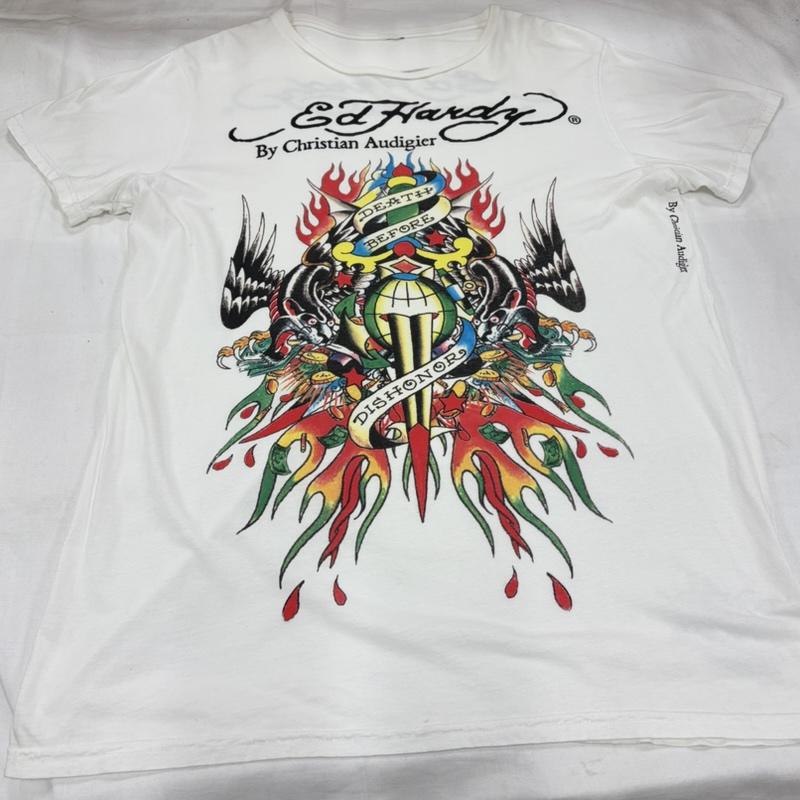 エドハーディー Ed Hardy Tシャツ 半袖 グラフィック プリント 半袖 Tシャツ ロゴ Y2K タトゥー スカル - プリント 白 / ホワイト / white X マルチカラー / マルチカラー / multicolor メンズ USED 古着 中古 50159963