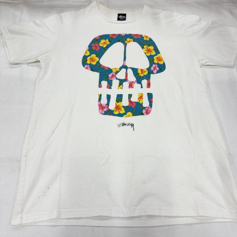 ステューシー STUSSY Tシャツ 半袖 スカル ボタニカル フラワー プリント 半袖 Tシャツ クルーネック L ロゴ、文字 X プリント 白 / ホワイト / white X マルチカラー / マルチカラー / multicolor メンズ USED 古着 中古 50159989