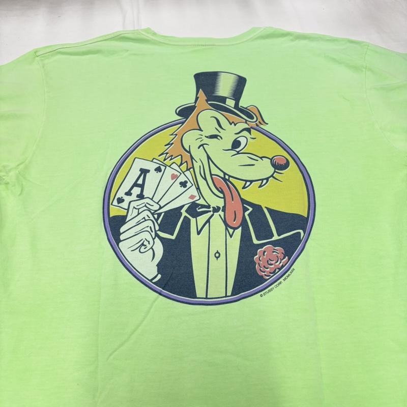 ステューシー STUSSY Tシャツ 半袖 半袖 クルーネック Tシャツ ウルフ トランプ プリント グラフィック メキシコ製 L プリント 黄緑 / イエローグリーン / X マルチカラー / マルチカラー / multicolor メンズ USED 古着 中古 50160001