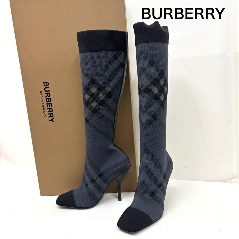 バーバリーロンドン Burberry London ブーツ ニーハイブーツ ニットチェック ソックスブーツ サイズ 38 UK：5 灰 / グレー / gray レディース USED 古着 中古 50160144