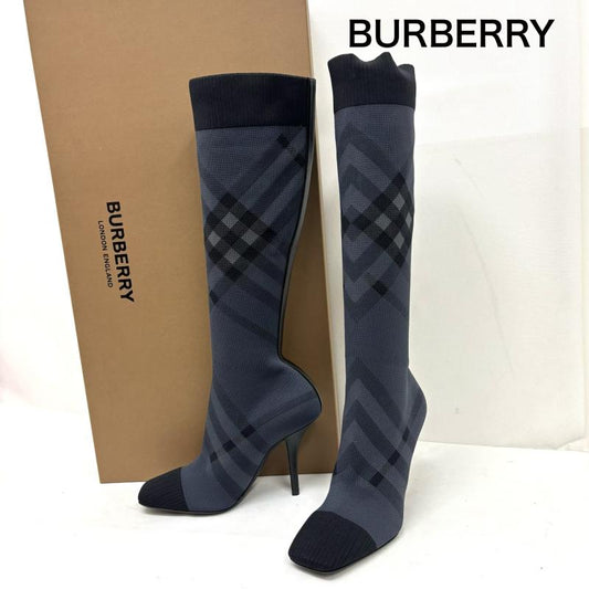 バーバリーロンドン Burberry London ブーツ ニーハイブーツ ニットチェック ソックスブーツ サイズ 38 UK：5 灰 / グレー / gray レディース USED 古着 中古 50160144