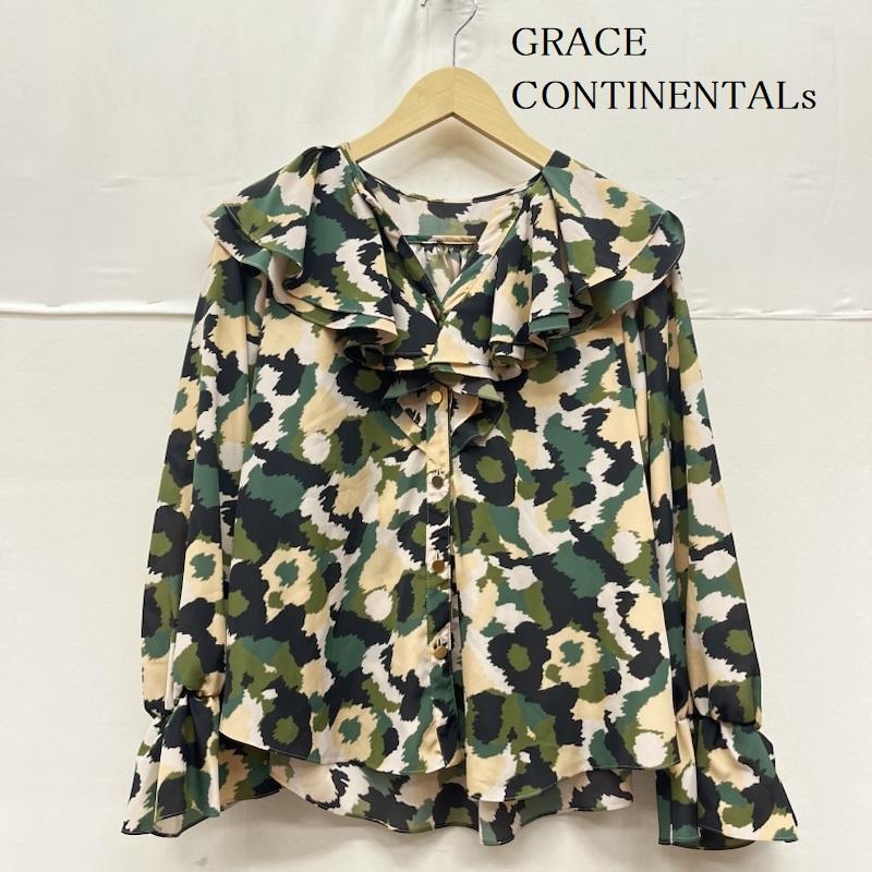 グレースクラス GRACE CLASS カットソー 長袖 22AW カモ プリント フリル ブラウス 36 カモフラージュ柄・迷彩 緑 / グリーン / green レディース USED 古着 中古 50160253